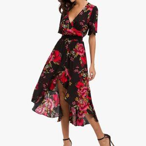 Kormei Women's Floral Maxi Dress. Short Sleeve. High-Low Hem. V-Neck. Small